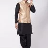 VASTRAMAY Men's Black Solid Silk Blend Kurta And Dhoti With Rose Gold Nehru Jacket