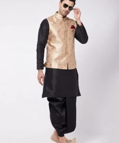 VASTRAMAY Men's Black Solid Silk Blend Kurta And Dhoti With Rose Gold Nehru Jacket