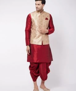 VASTRAMAY Men's Maroon Silk Blend Kurta And Dhoti With Rose Gold Woven Nehru Jacket