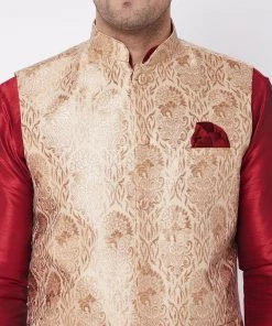 VASTRAMAY Men's Maroon Silk Blend Kurta And Dhoti With Rose Gold Woven Nehru Jacket