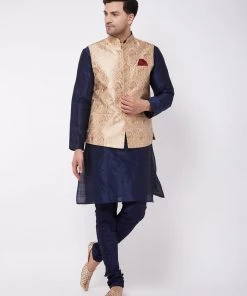 VASTRAMAY Men's Rose Gold Silk Blend Ethnic Jacket, Navy Blue Kurta And Pyjama Set
