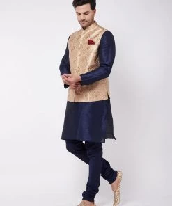 VASTRAMAY Men's Rose Gold Silk Blend Ethnic Jacket, Navy Blue Kurta And Pyjama Set