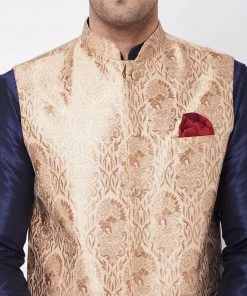 VASTRAMAY Men's Rose Gold Silk Blend Ethnic Jacket, Navy Blue Kurta And Pyjama Set