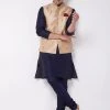 VASTRAMAY Men's Rose Gold Silk Blend Ethnic Jacket, Navy Blue Kurta And Pyjama Set