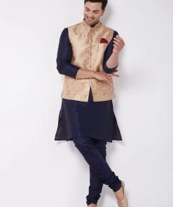 VASTRAMAY Men's Rose Gold Silk Blend Ethnic Jacket, Navy Blue Kurta And Pyjama Set