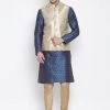 Vastramay Men's Blue Cotton Silk Blend Kurta, Ethnic Jacket And Pyjama Set