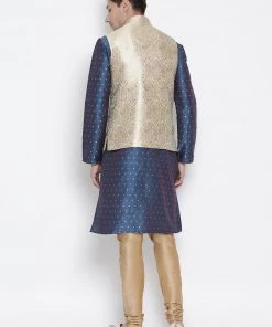 Vastramay Men's Blue Cotton Silk Blend Kurta, Ethnic Jacket And Pyjama Set