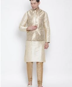Vastramay Men's Gold Cotton Silk Blend Kurta, Ethnic Jacket And Pyjama Set