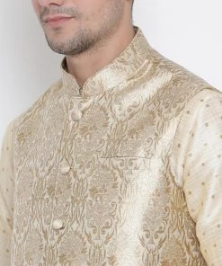 Vastramay Men's Gold Cotton Silk Blend Kurta, Ethnic Jacket And Pyjama Set