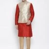 Vastramay Men's Red Cotton Silk Blend Kurta, Ethnic Jacket And Pyjama Set