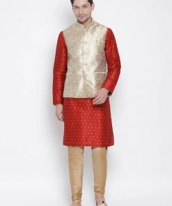 Vastramay Men's Red Cotton Silk Blend Kurta, Ethnic Jacket And Pyjama Set