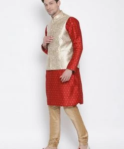 Vastramay Men's Red Cotton Silk Blend Kurta, Ethnic Jacket And Pyjama Set