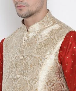 Vastramay Men's Red Cotton Silk Blend Kurta, Ethnic Jacket And Pyjama Set