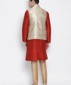 Vastramay Silk Blend Rose Gold And Maroon Baap Beta Jacket Kurta Pyjama Set