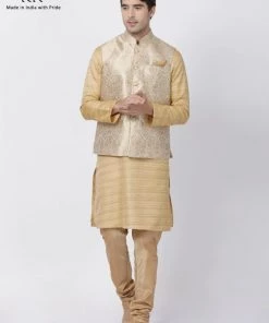 Vastramay Jacket Kurta Sets Men's Beige Cotton Silk Blend Kurta, Ethnic Jacket And Pyjama Set