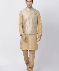 Vastramay Jacket Kurta Sets Men's Beige Cotton Silk Blend Kurta, Ethnic Jacket And Pyjama Set
