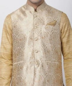 Vastramay Jacket Kurta Sets Men's Beige Cotton Silk Blend Kurta, Ethnic Jacket And Pyjama Set
