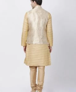 Vastramay Jacket Kurta Sets Men's Beige Cotton Silk Blend Kurta, Ethnic Jacket And Pyjama Set