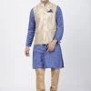Vastramay Men's Blue Cotton Silk Blend Kurta, Nehru Jacket And Pyjama Set