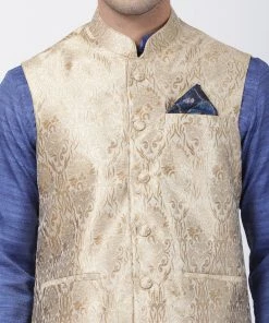 Vastramay Men's Blue Cotton Silk Blend Kurta, Nehru Jacket And Pyjama Set