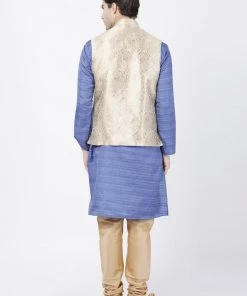 Vastramay Men's Blue Cotton Silk Blend Kurta, Nehru Jacket And Pyjama Set