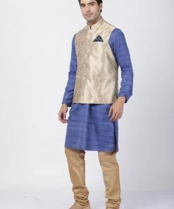 Vastramay Men's Blue Cotton Silk Blend Kurta, Nehru Jacket And Pyjama Set