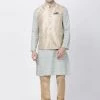 Vastramay Men's Light Grey Cotton Silk Blend Kurta, Ethnic Jacket And Pyjama Set Jacket Kurta Sets