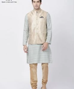 Vastramay Men's Light Grey Cotton Silk Blend Kurta, Ethnic Jacket And Pyjama Set Jacket Kurta Sets