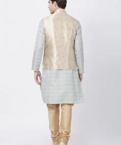 Vastramay Men's Light Grey Cotton Silk Blend Kurta, Ethnic Jacket And Pyjama Set Jacket Kurta Sets