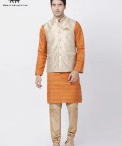 Vastramay Men's Brown Cotton Silk Blend Kurta, Ethnic Jacket And Pyjama Set