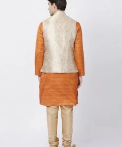 Vastramay Men's Brown Cotton Silk Blend Kurta, Ethnic Jacket And Pyjama Set