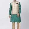 Vastramay Men's Green Cotton Silk Blend Kurta, Nehru Jacket And Pyjama Set