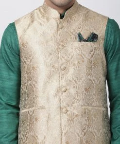 Vastramay Men's Green Cotton Silk Blend Kurta, Nehru Jacket And Pyjama Set