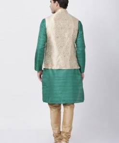 Vastramay Men's Green Cotton Silk Blend Kurta, Nehru Jacket And Pyjama Set