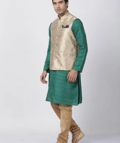 Vastramay Men's Green Cotton Silk Blend Kurta, Nehru Jacket And Pyjama Set