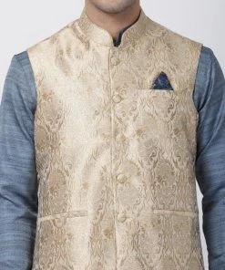 Vastramay Men's Grey Cotton Silk Blend Kurta, Ethnic Jacket And Pyjama Set Jacket Kurta Sets