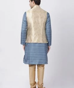 Vastramay Men's Grey Cotton Silk Blend Kurta, Ethnic Jacket And Pyjama Set Jacket Kurta Sets