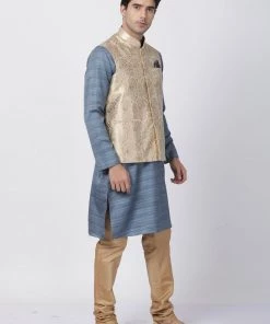 Vastramay Men's Grey Cotton Silk Blend Kurta, Ethnic Jacket And Pyjama Set Jacket Kurta Sets