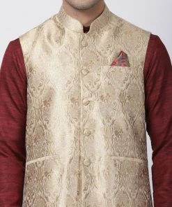 Vastramay Men's Maroon Cotton Silk Blend Kurta, Ethnic Jacket And Pyjama Set