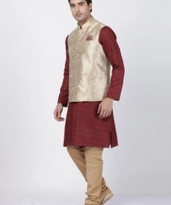 Vastramay Men's Maroon Cotton Silk Blend Kurta, Ethnic Jacket And Pyjama Set