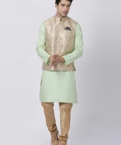 Vastramay Jacket Kurta Sets Men's Light Green Cotton Silk Blend Kurta, Ethnic Jacket And Pyjama Set