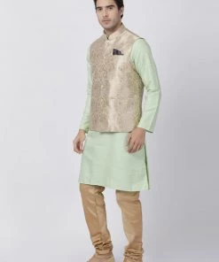 Vastramay Jacket Kurta Sets Men's Light Green Cotton Silk Blend Kurta, Ethnic Jacket And Pyjama Set