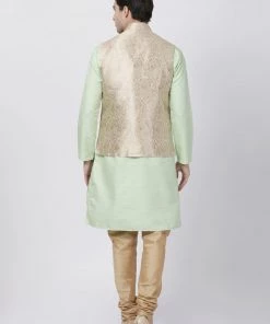 Vastramay Jacket Kurta Sets Men's Light Green Cotton Silk Blend Kurta, Ethnic Jacket And Pyjama Set