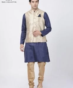 Vastramay Jacket Kurta Sets Men's Navy Blue Cotton Silk Blend Kurta, Ethnic Jacket And Pyjama Set
