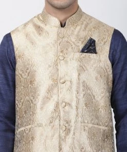 Vastramay Jacket Kurta Sets Men's Navy Blue Cotton Silk Blend Kurta, Ethnic Jacket And Pyjama Set