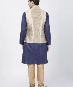 Vastramay Jacket Kurta Sets Men's Navy Blue Cotton Silk Blend Kurta, Ethnic Jacket And Pyjama Set