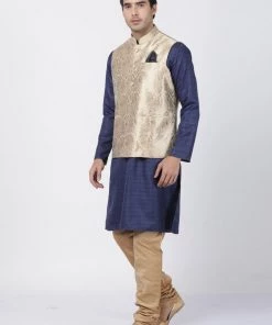 Vastramay Jacket Kurta Sets Men's Navy Blue Cotton Silk Blend Kurta, Ethnic Jacket And Pyjama Set