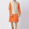 Vastramay Men's Orange Cotton Silk Blend Kurta, Ethnic Jacket And Pyjama Set Kurta Sets
