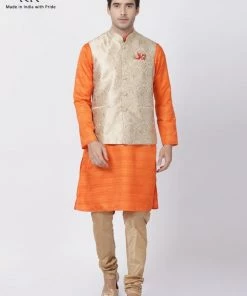 Vastramay Men's Orange Cotton Silk Blend Kurta, Ethnic Jacket And Pyjama Set Kurta Sets
