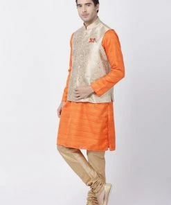 Vastramay Men's Orange Cotton Silk Blend Kurta, Ethnic Jacket And Pyjama Set Kurta Sets 9 Vastramay Men's Orange Cotton Silk Blend Kurta, Ethnic Jacket And Pyjama Set Kurta Sets